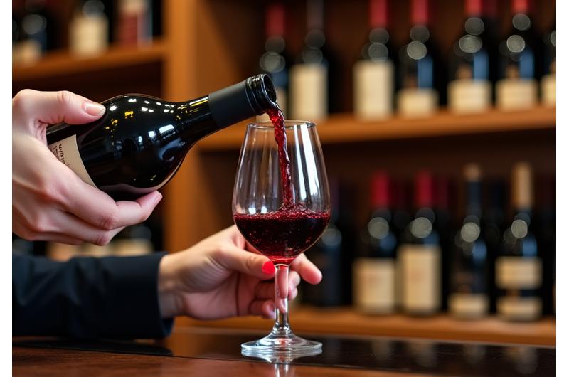 Sommelier versant du vin dans un verre, bouteilles de vin en arrière-plan