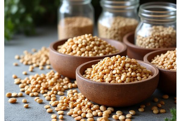 Grains de céréales anciennes biologiques et légumineuses dans des bocaux en verre
