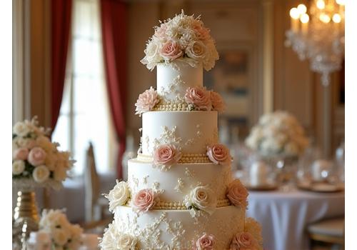 Photo d'un magnifique gâteau de mariage dans un cadre de château.