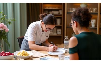 Une discussion consultative entre un chef et un client, avec des carnets de notes et des échantillons.