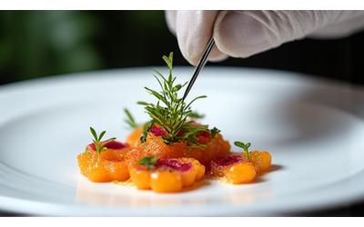 Une main de chef décorant minutieusement une assiette sophistiquée avec de la micro-verdure et une sauce.
