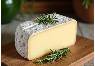 Bûche de fromage de chèvre artisanal, présentée sur une planche en bois avec des herbes fraîches.