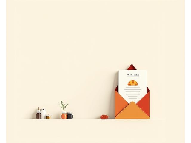 Illustration d'une enveloppe et icône newsletter avec des éléments culinaires.