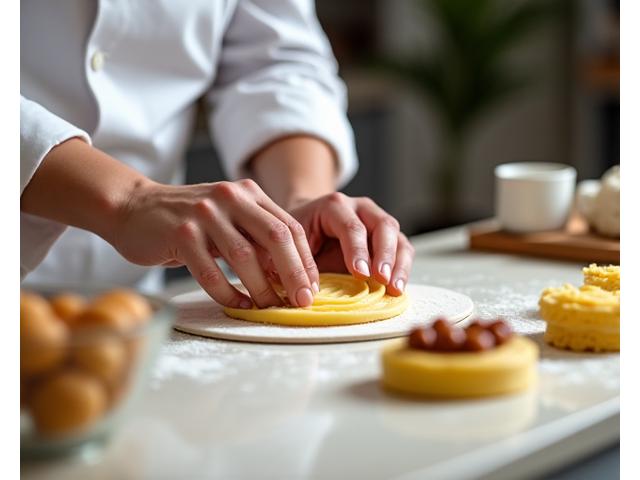 Participant à un atelier de cuisine préparant une pâtisserie française sous la direction d'un chef.