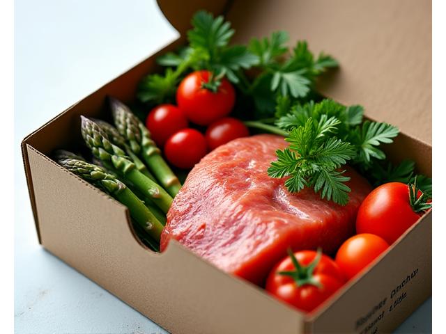 Kit repas gourmet joliment emballé avec des ingrédients frais pour un dîner français.