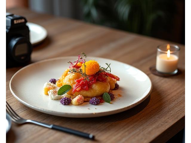 Une composition culinaire artistique photographiée avec un éclairage professionnel.