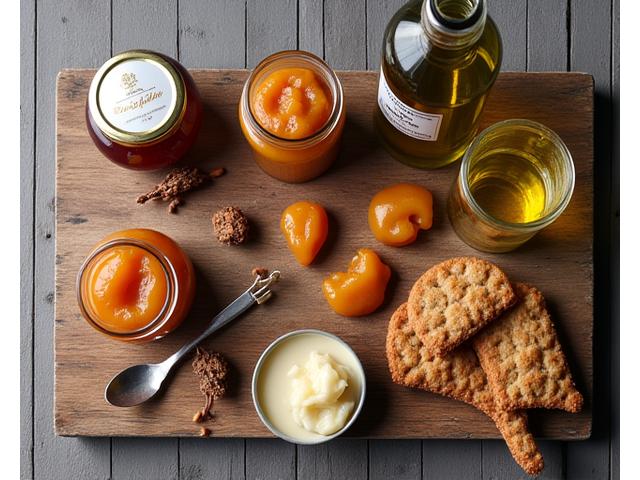 Vue de produits d'épicerie fine français artisanaux : confitures, terrines, biscuits régionaux.
