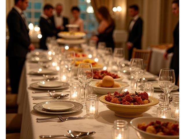 Un banquet de traiteur élégamment dressé pour un grand événement, avec des plats gastronomiques français.
